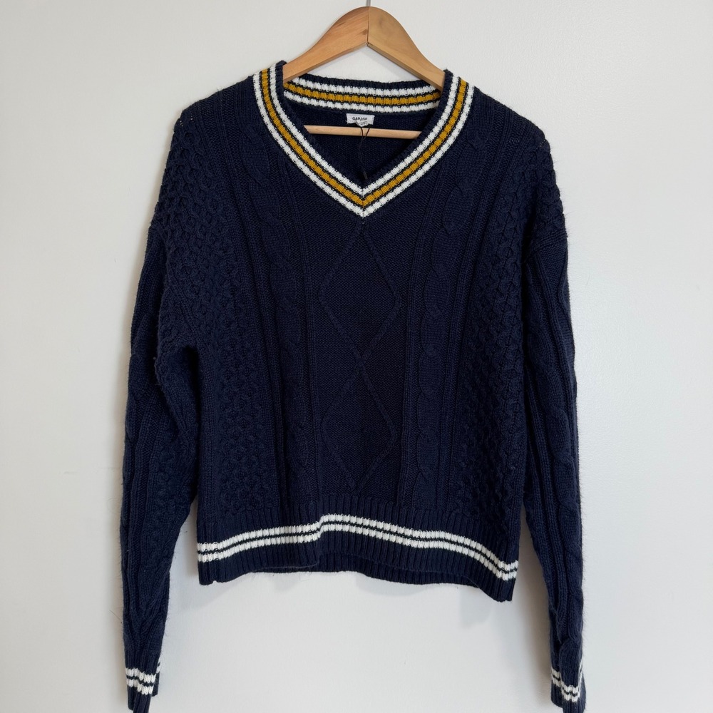 Garage Cable Knit Varsity V-Neck Sweater Navy Blue Womens P/S Preppy Pullover